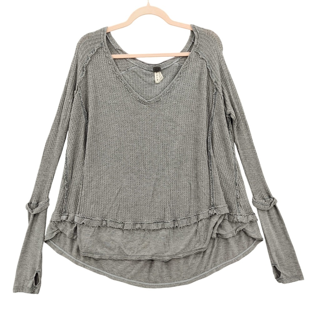 We The Free Womens Boho Grunge Waffle Knit Top Size S Gray Thumbhole Thermal